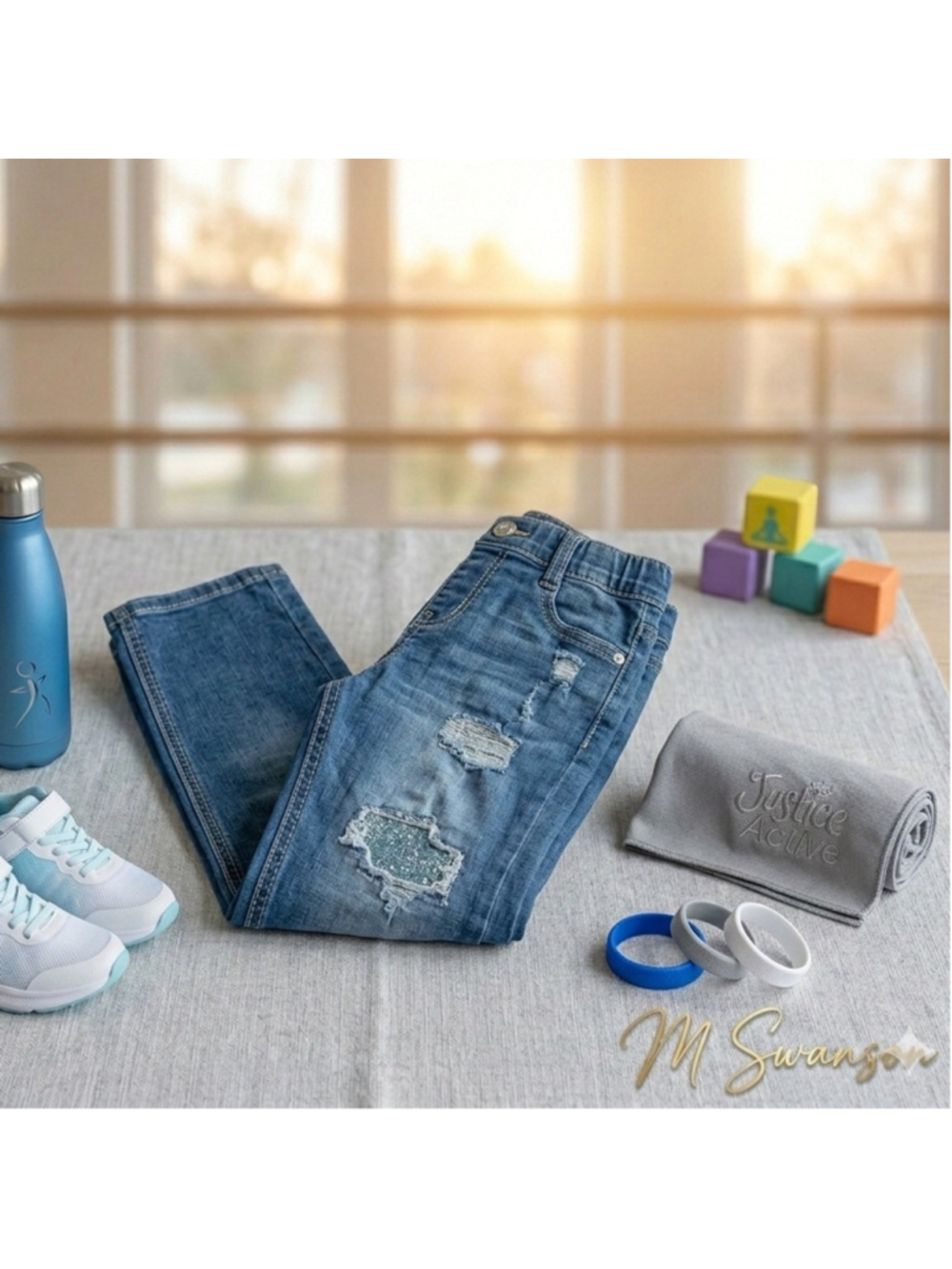Justice Girls Jeans Blue Distressed Jegging Glitter Detail Size 7